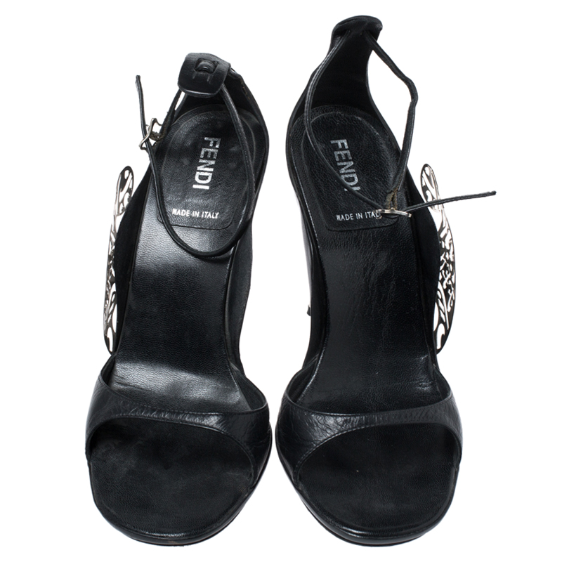 Fendi Black Leather Metal Applique Embellished Ankle Strap Sandals Size 37