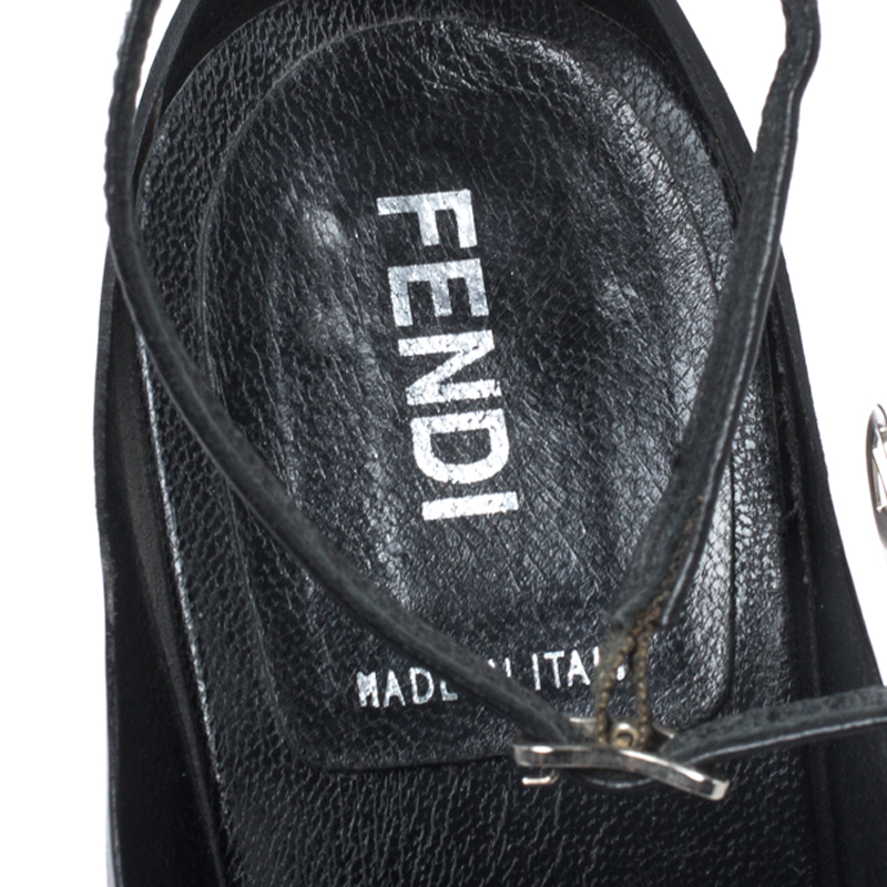 Fendi Black Leather Metal Applique Embellished Ankle Strap Sandals Size 37