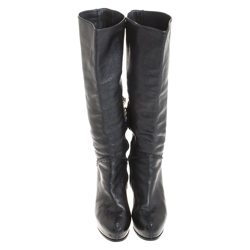 Fendi Black Textured Leather Mid Calf Platform Boots Size 38.5