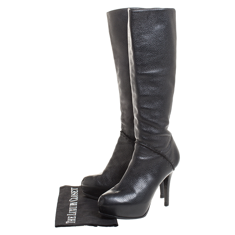 Fendi Black Textured Leather Mid Calf Platform Boots Size 38.5