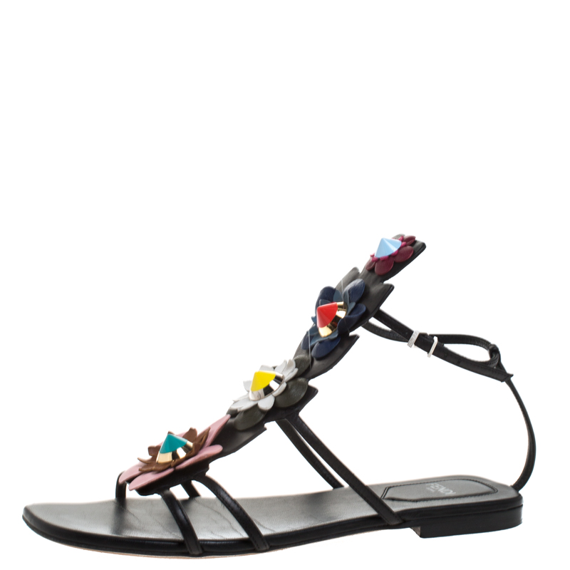 Image of Fendi Multicolor Leather Flowerland Ankle Strap Gladiator Flat Sandals Size