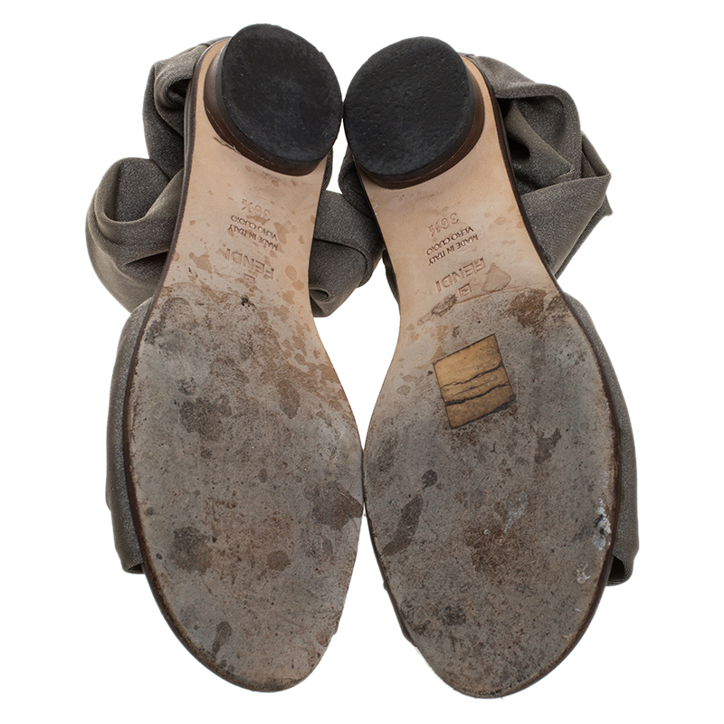 Fendi Grey Stretch Fabric Ankle Wrap Flat Sandals Size 36.5