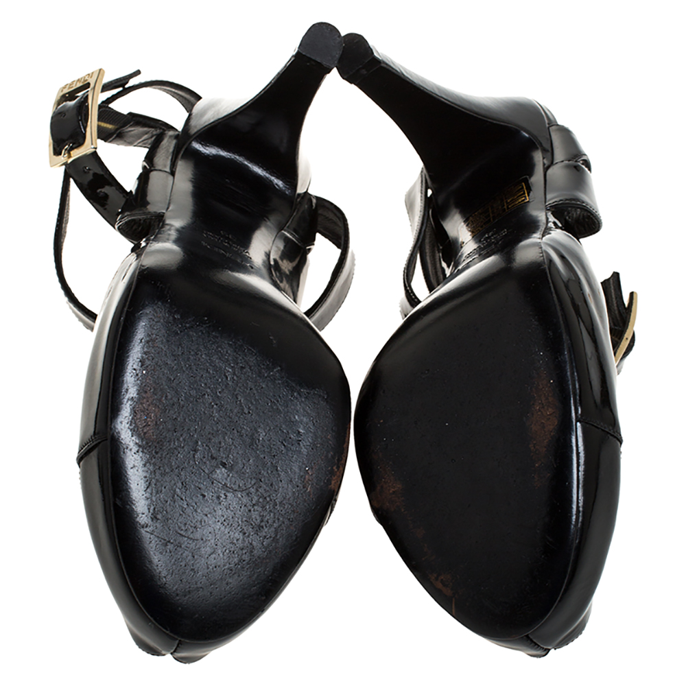 Fendi Black Patent Leather Peep Toe Platform Ankle Wrap Sandals Size 39