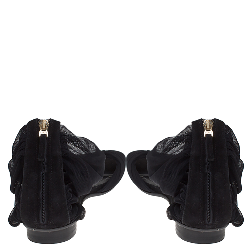 Fendi Black Mesh Fabric Open Toe Flat Sandals Size 36.5