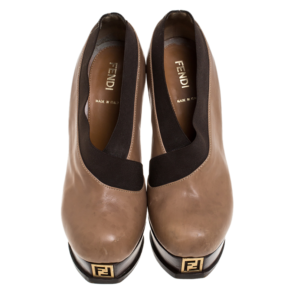 Fendi Beige/Brown Leather Fendista Faux-wrap Platform Ankle Booties Size 37