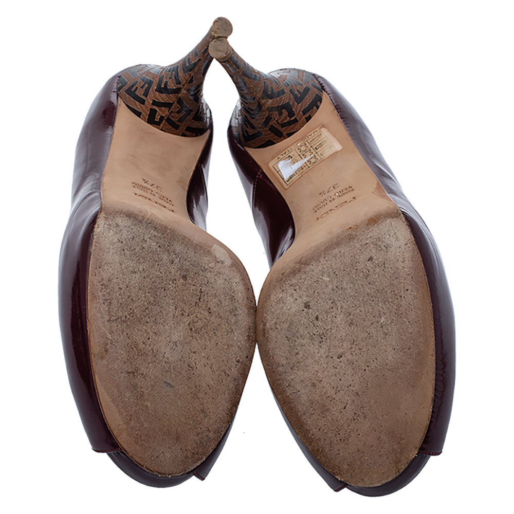 Fendi Burgundy Patent Leather FF Heels Peep Toe Platform Pumps Size 37.5