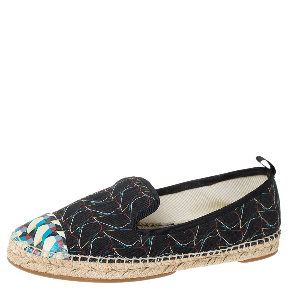 Image of Fendi Multicolor Printed Canvas and Leather Cap Toe Flat Espadrilles Size .
