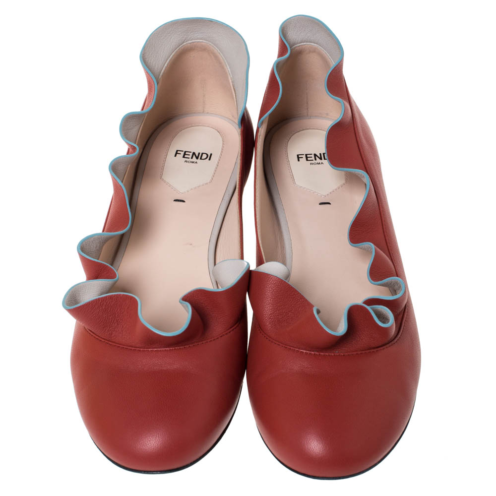 Fendi Brick Red Leather Ruffle Ballet Flats Size 40 Fendi TLC