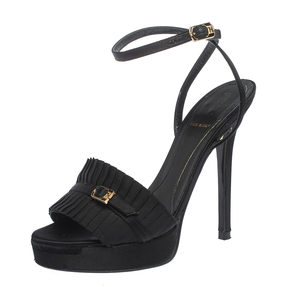 Fendi black satin pleated detail and ff logo buckle ankle strap platform sandals size 35