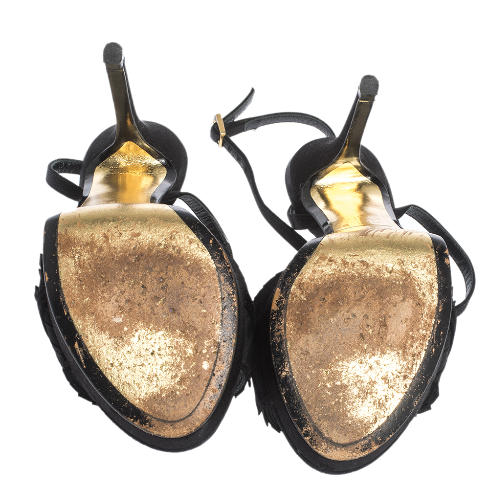 Fendi Black Satin Pleated Detail And FF Logo Buckle Ankle Strap Platform Sandals Size 35