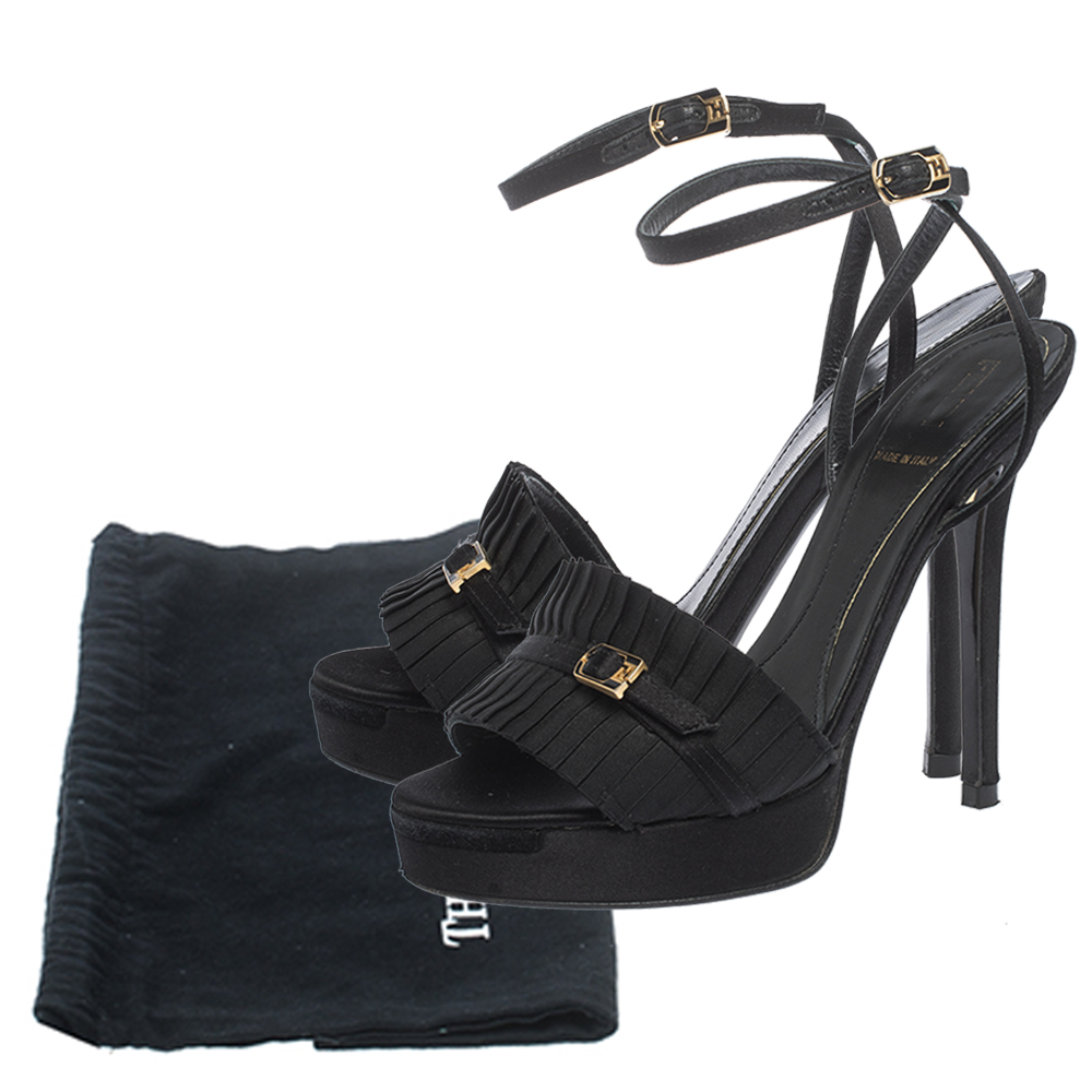 Fendi Black Satin Pleated Detail And FF Logo Buckle Ankle Strap Platform Sandals Size 35