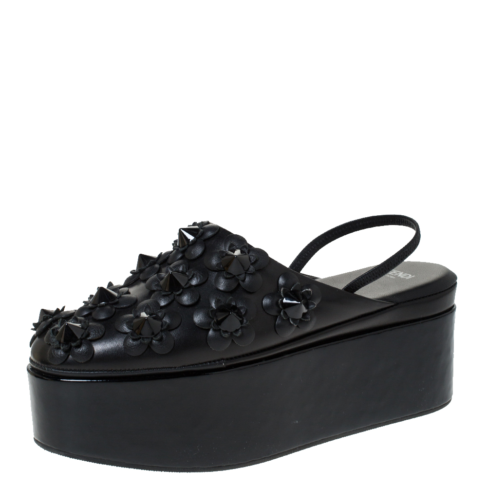 Image of Fendi Black Leather And Patent FlowerLand Flat Platform Slingback Sandals Size