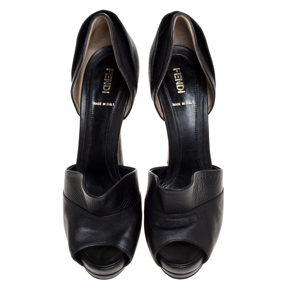 Fendi Black Leather And Lizard Print Anemone D'orsay Peep Toe Platform Pumps Size 38.5