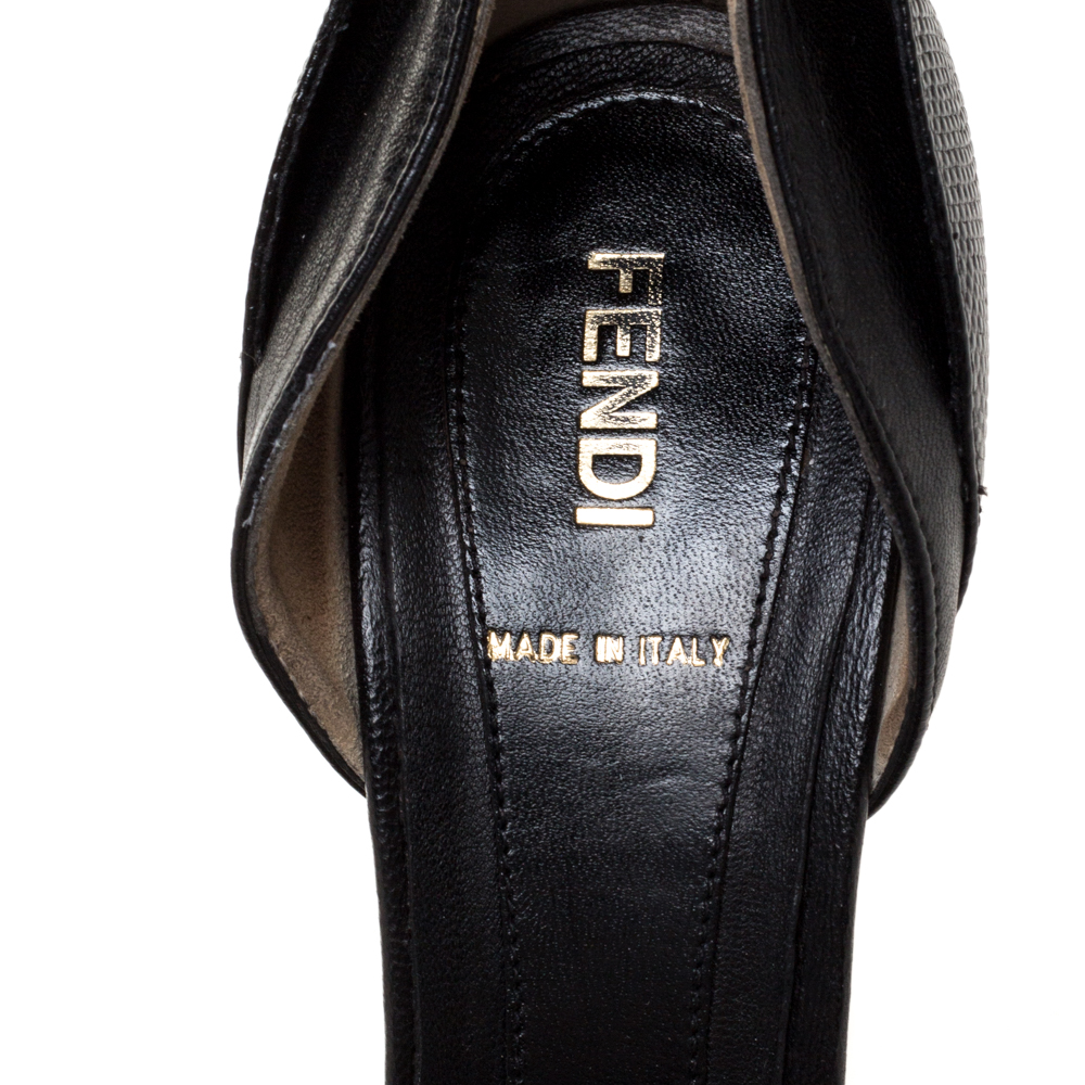 Fendi Black Leather And Lizard Print Anemone D'orsay Peep Toe Platform Pumps Size 38.5