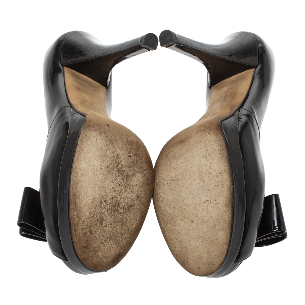 Fendi Black Patent Leather Bow Peep Toe Platform Pumps Size 36