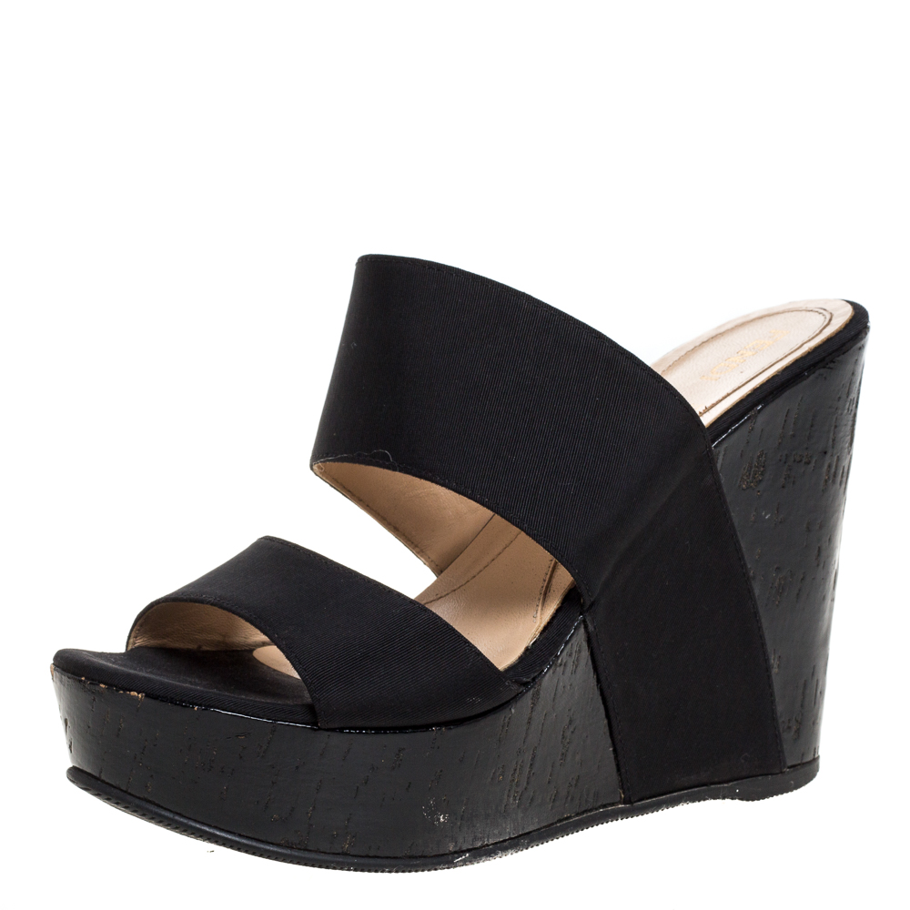 Image of Fendi Black Fabric Wedge Platform Slide Sandals Size .