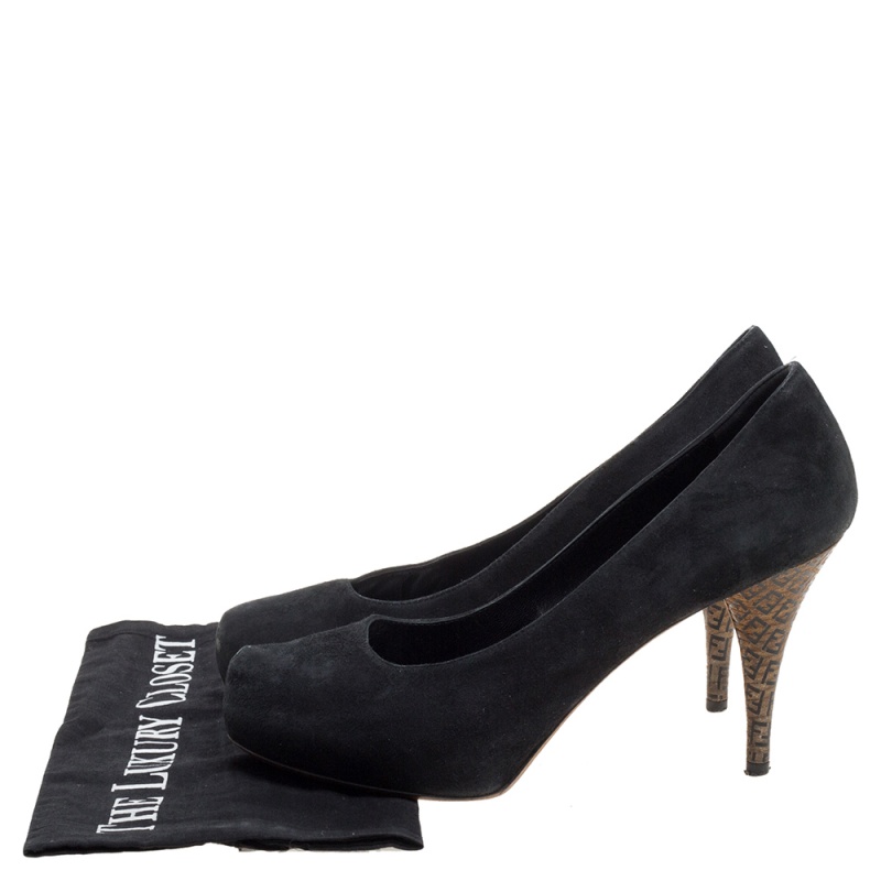 Fendi Black Suede Zucca Heel Platform Pumps Size 38