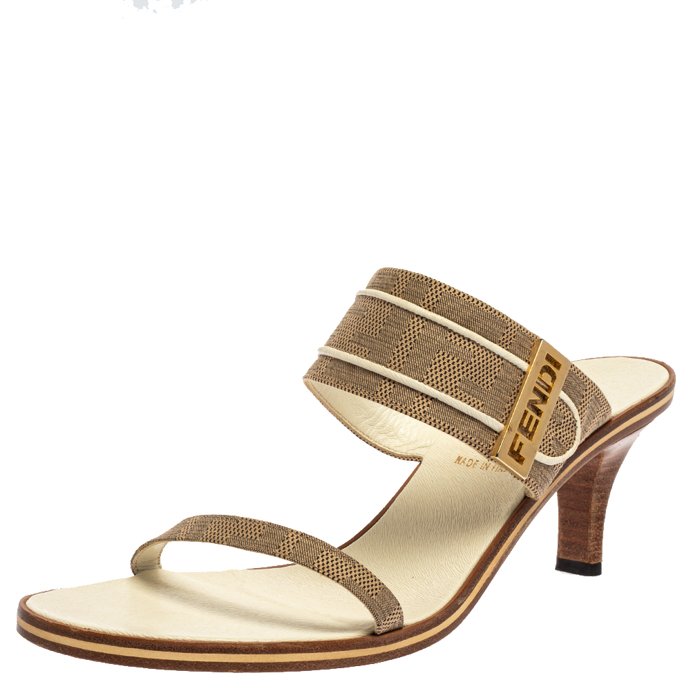 Image of Fendi Beige FF Logo Canvas 'FENDI' Logo Embellished Slide Sandals Size .