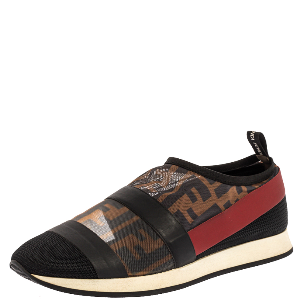Image of Fendi Black/Brown Zucca Mesh And Leather Trim Runway Low Top Sneakers Size