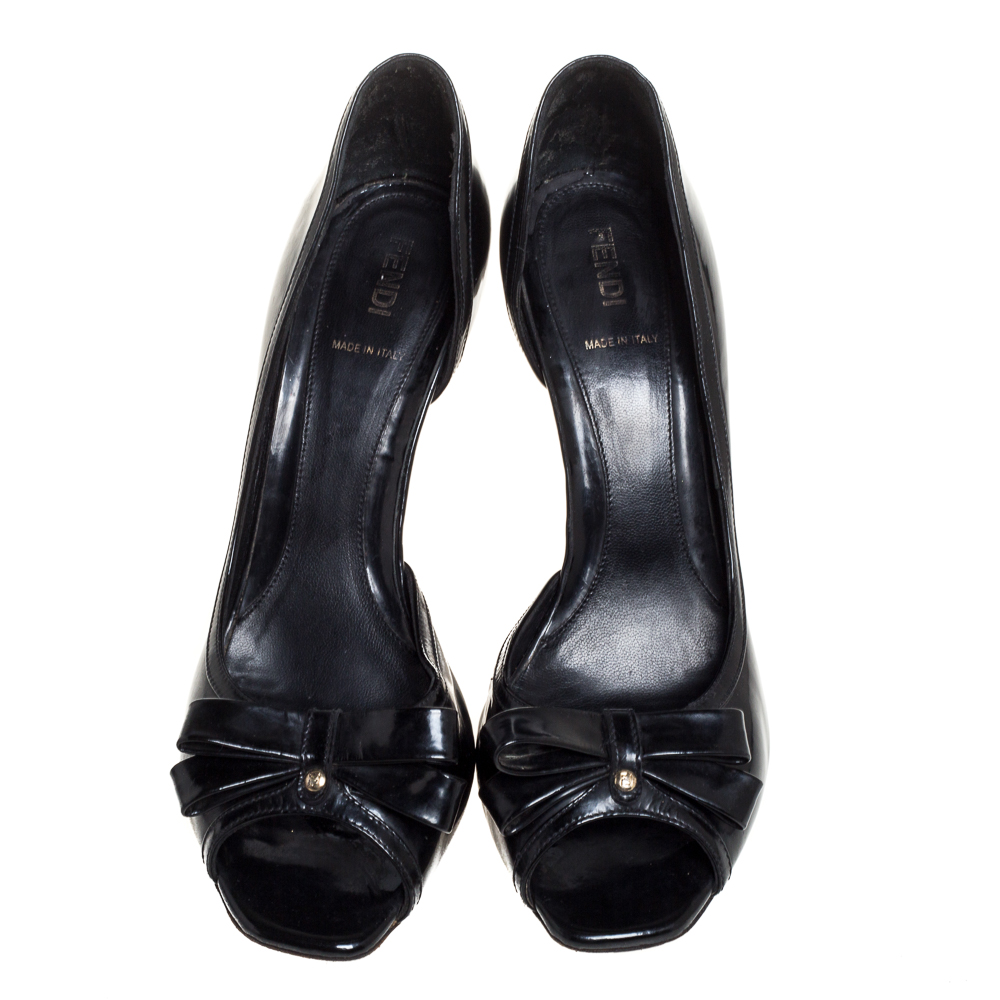 Fendi Black Patent Leather Peep Toe Bow Pumps Size 39