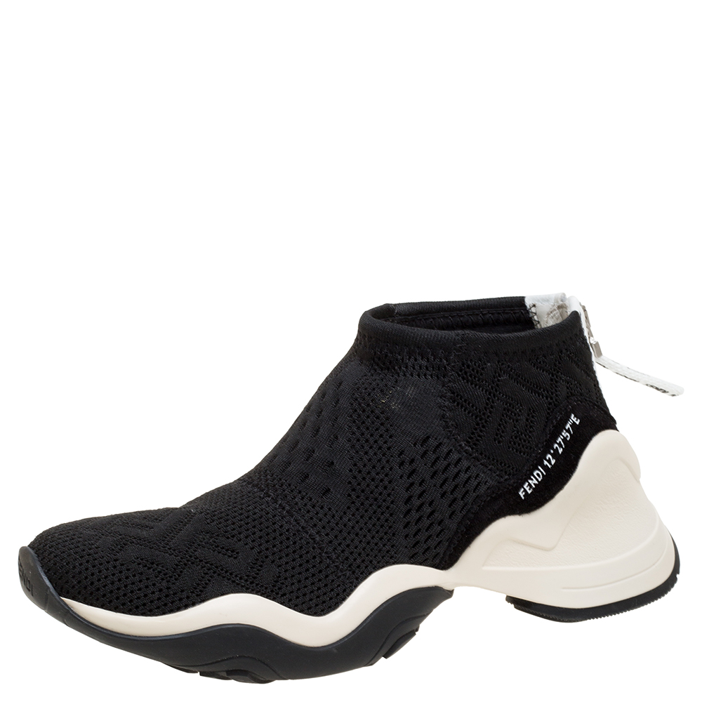 Image of Fendi Black FF Logo Knit Fabric High Top Sneakers Size