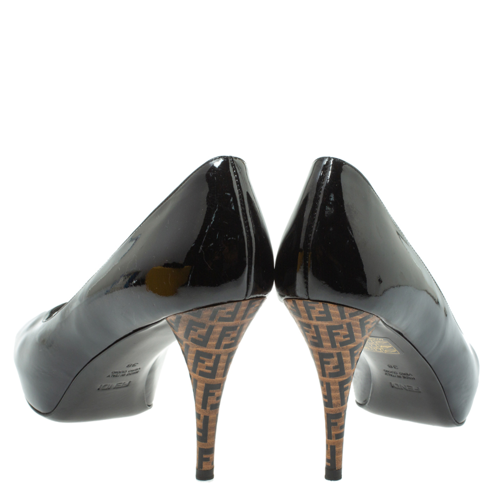 Fendi Black Patent Leather Zucca Print Heel Peep Toe Platform Pumps Size 38
