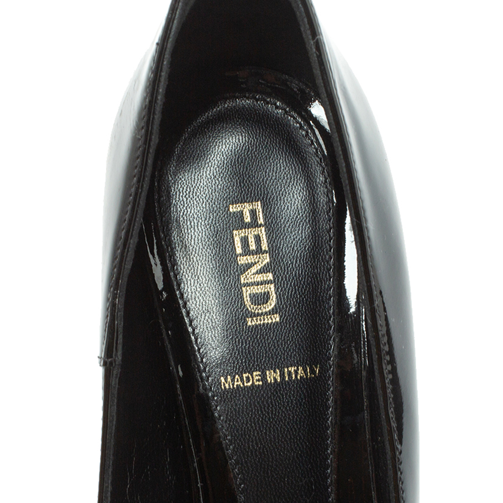 Fendi Black Patent Leather Zucca Print Heel Peep Toe Platform Pumps Size 38