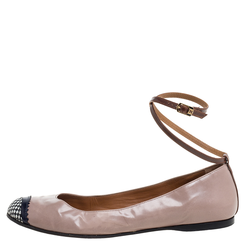 Fendi Nude Patent Leather Ankle Strap Ballet Flats Size 39