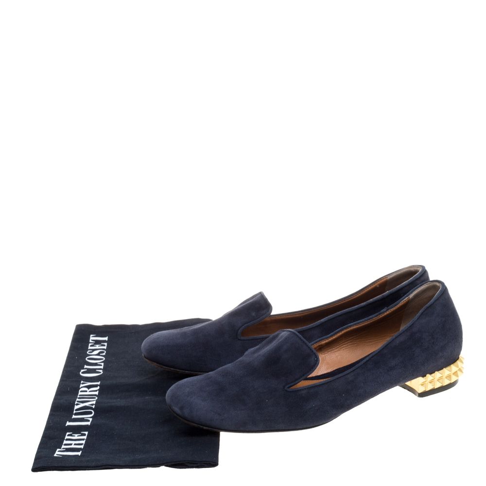 Fendi Navy Blue Suede Studded Heel Smoking Slippers Size 38