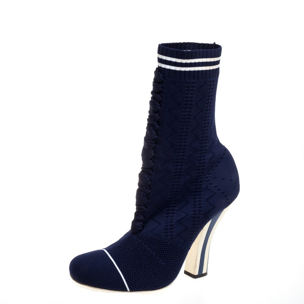 Image of Fendi Blue Knit Fabric Rockoko Runway Openwork Ankle Boots Size
