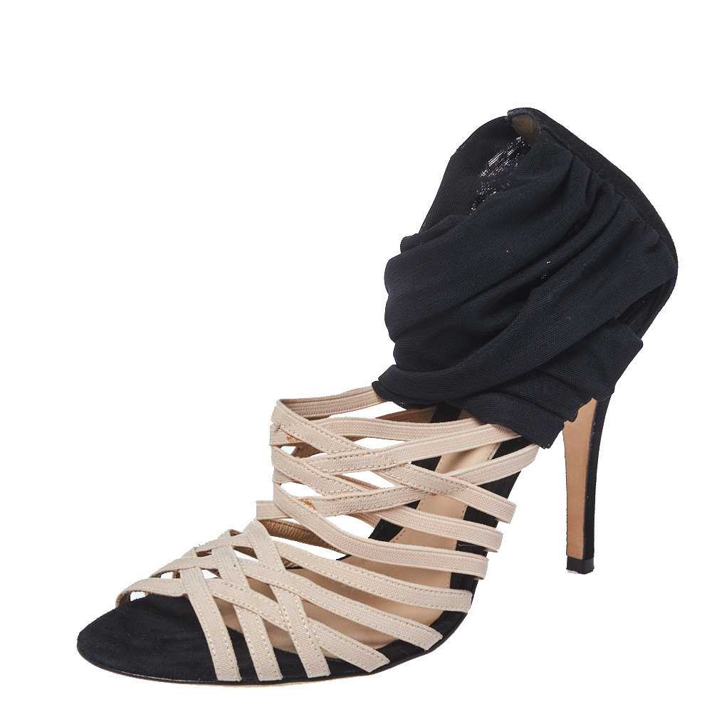 Image of Fendi Black/Beige Fabric Strappy Sandals Size