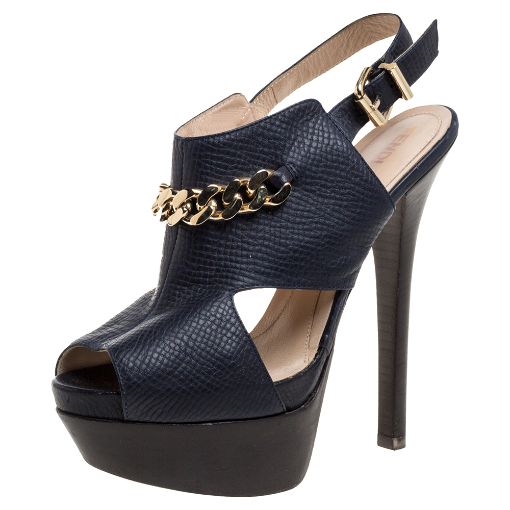 Fendi navy blue leather chain details slingback platform sandals size 38