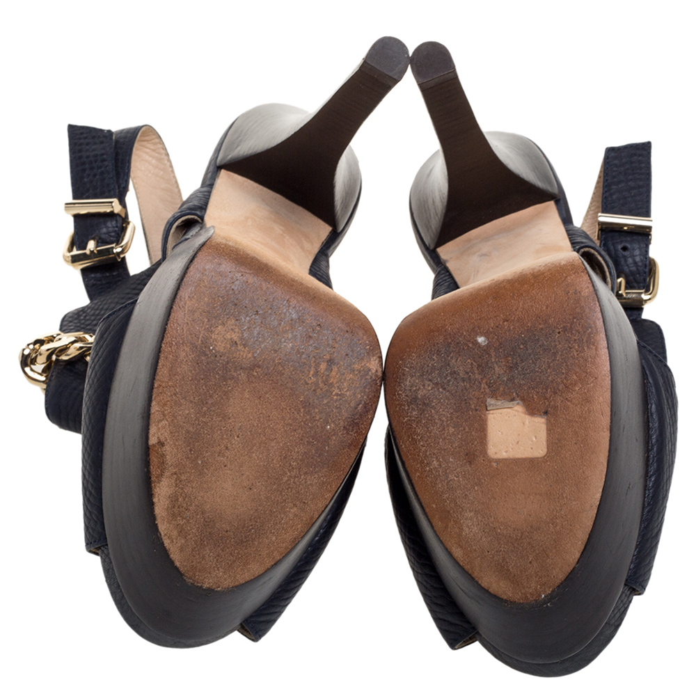 Fendi Navy Blue Leather Chain Details Slingback Platform Sandals Size 38