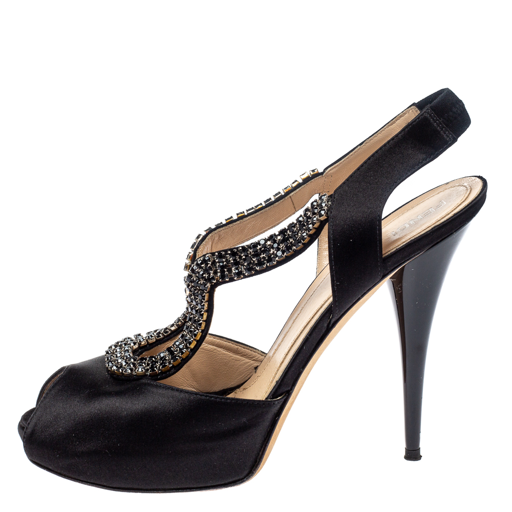 Fendi Black Satin Crystal Embellished Slingback Platform Sandals Size 39