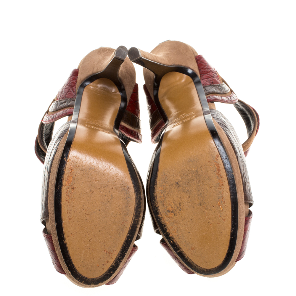 Fendi Multicolor Croc Embossed Leather Platform Sandals Size 38