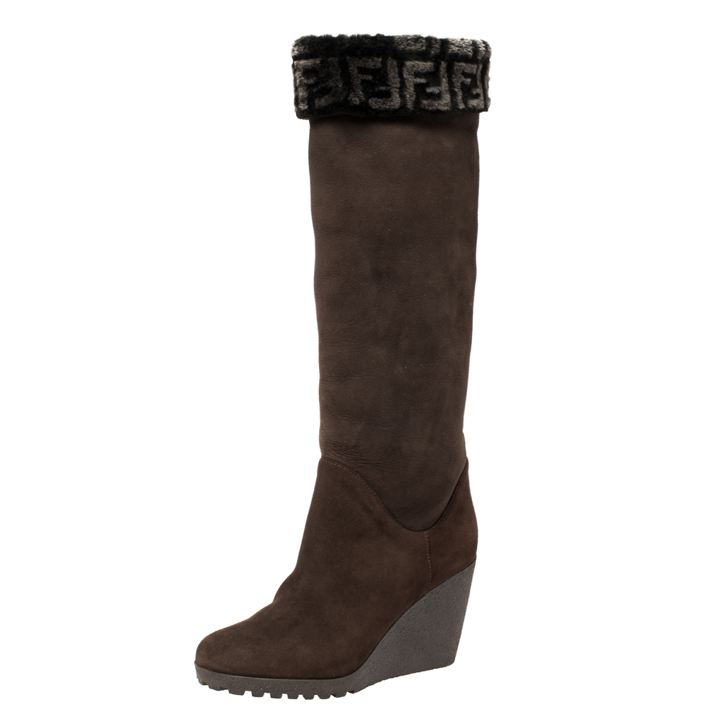 Image of Fendi Brown Suede And Shearling Fur Wedge Knee High Boots Size