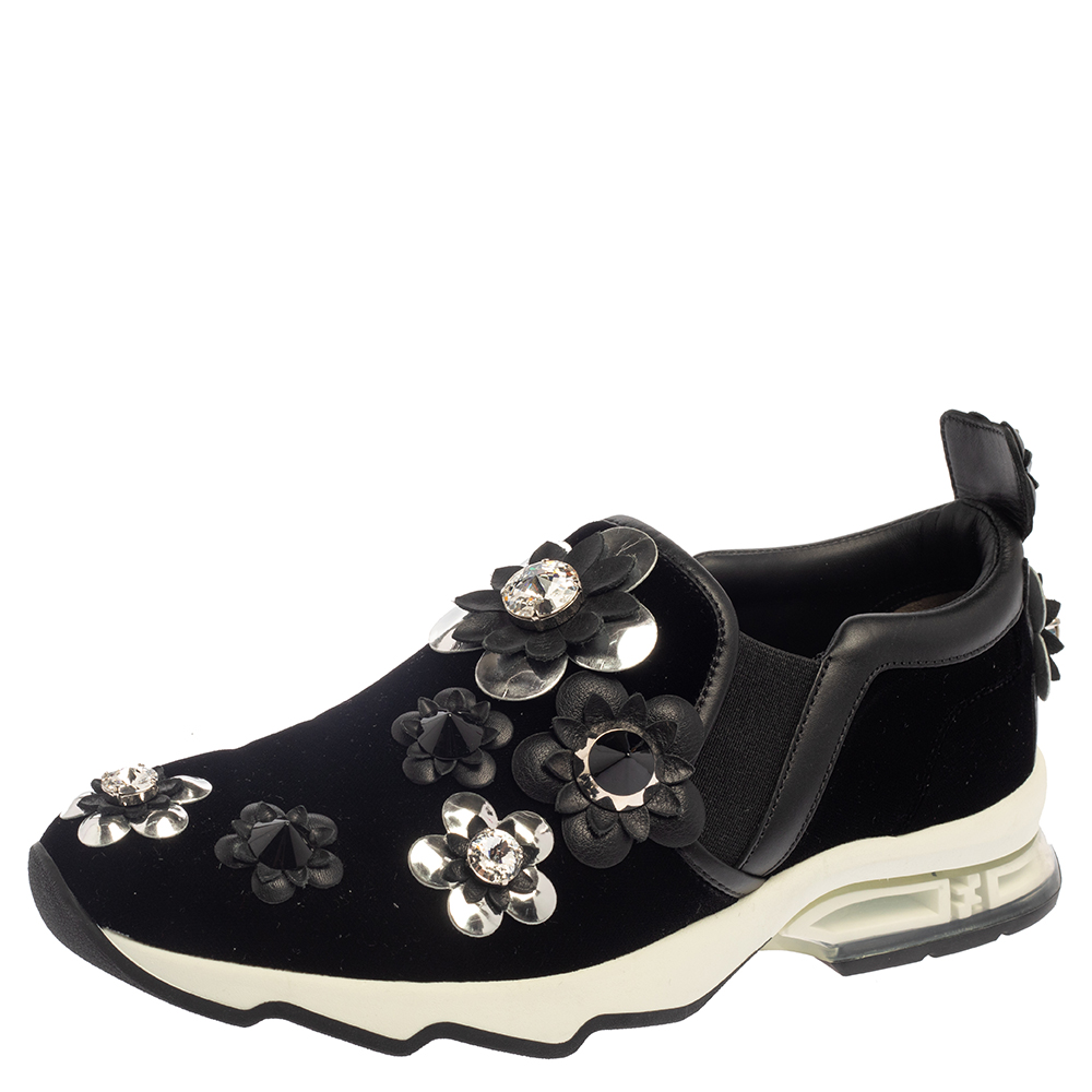 Fendi Black Velvet And Leather Trim Flowerland Slip On Sneakers Size 38