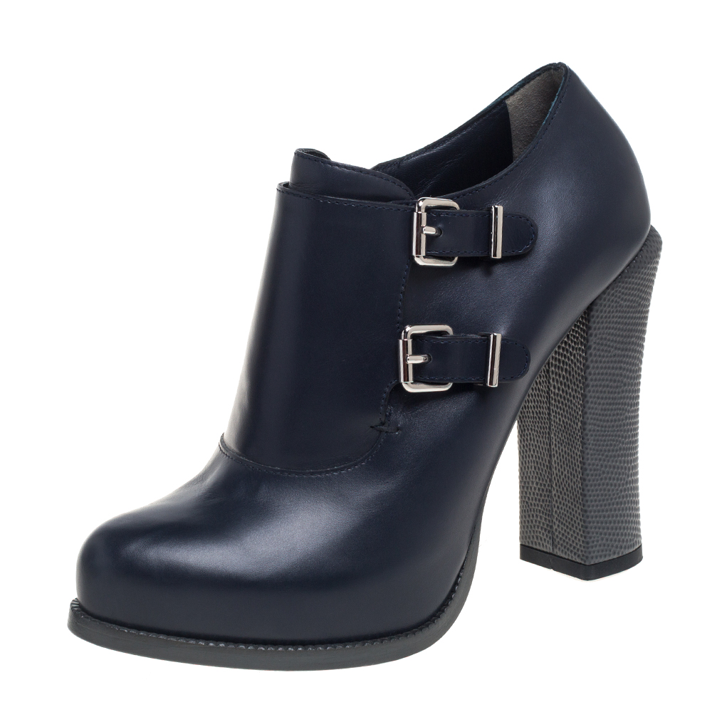 Fendi Blue Leather Zipper Ankle Boots Size 38