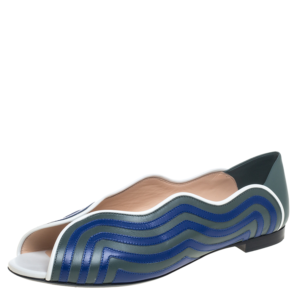 Fendi Blue/Grey Leather Peep Toe Scallop Flats Size 40