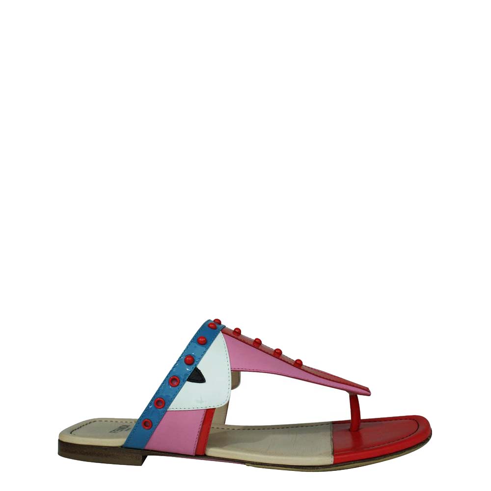 Fendi Pink Leather Monster Thong Sandals Size 36