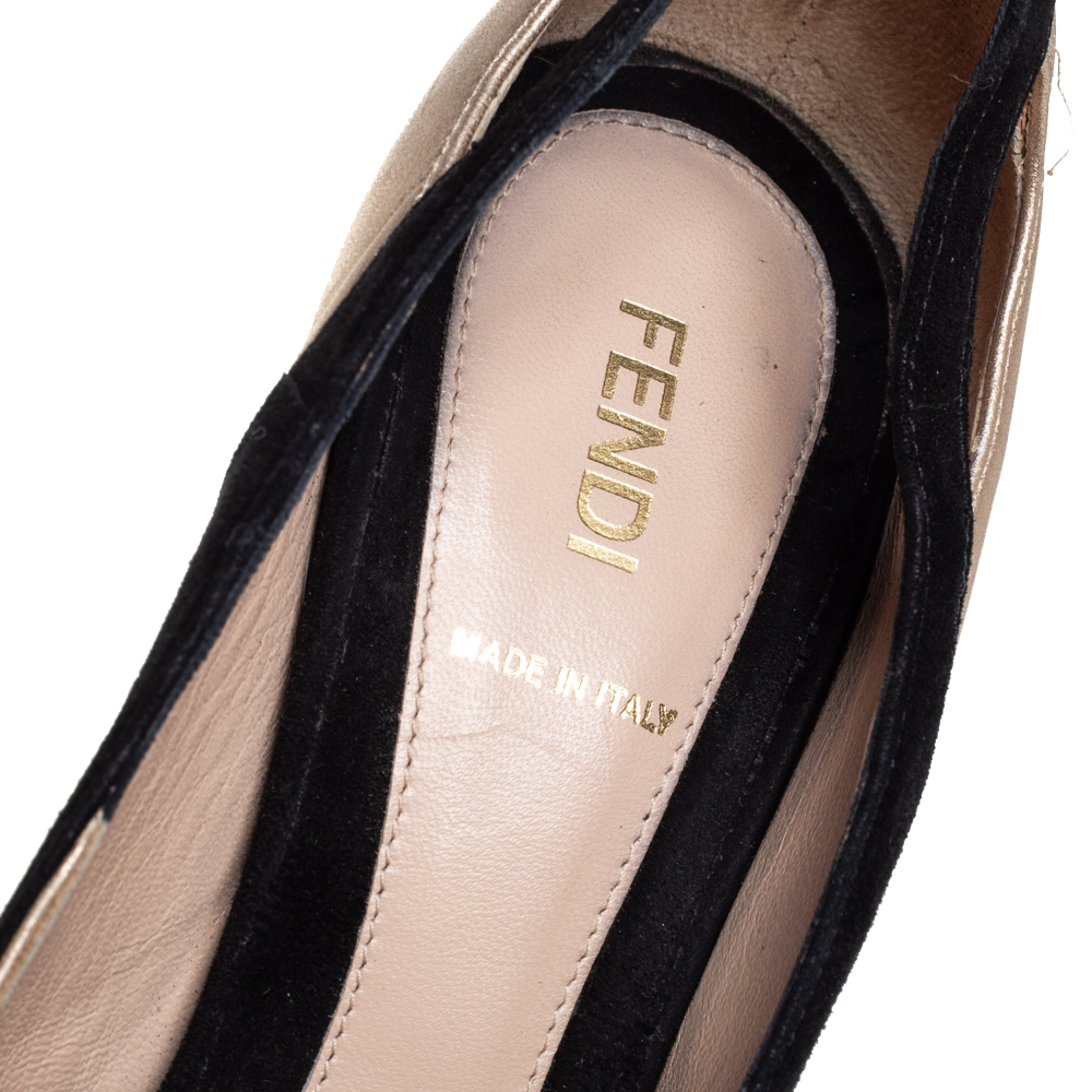 Fendi Black/Gold Suede And Suede Peep Toe Platform Pumps Size 38.5