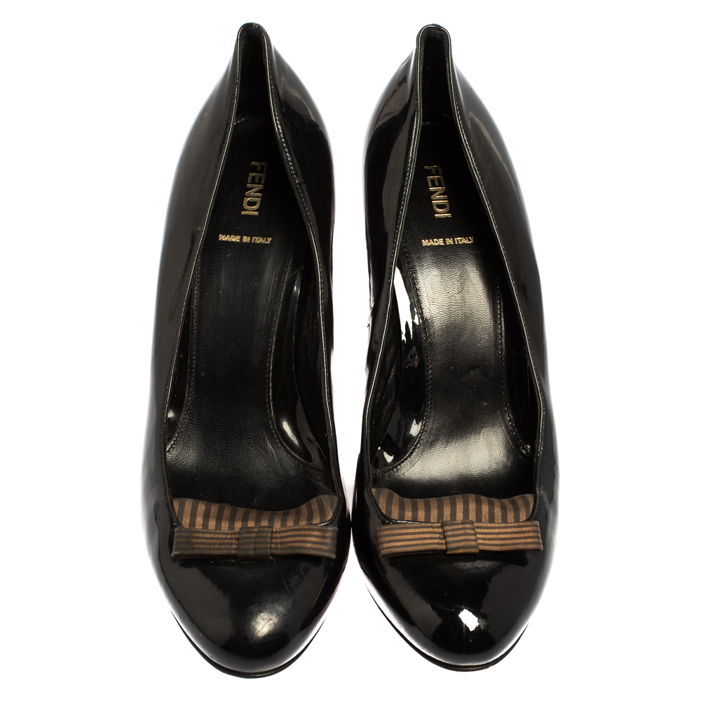 Fendi Black Patent Leather  And Fabric Bow Pumps Size 41