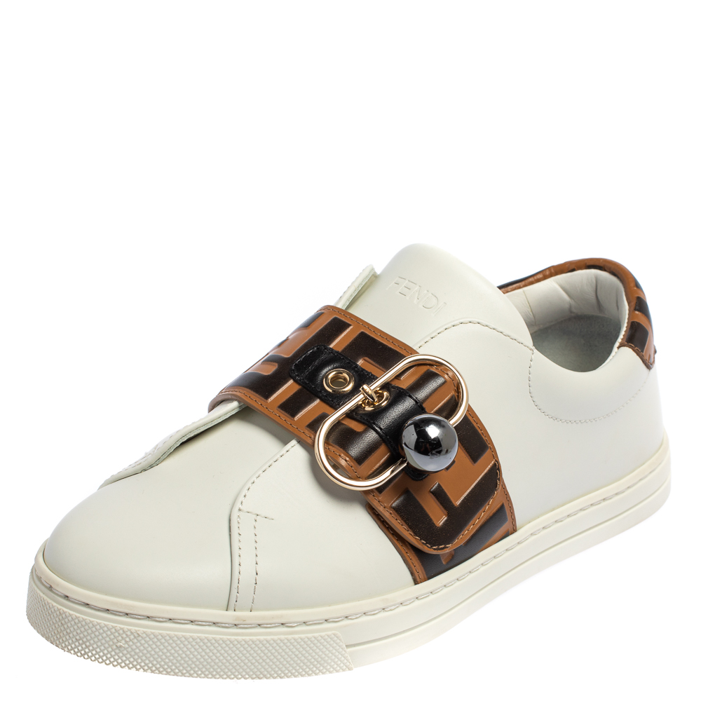 Fendi White/Brown Zucca Leather Pearland Slip On Sneakers Size 36