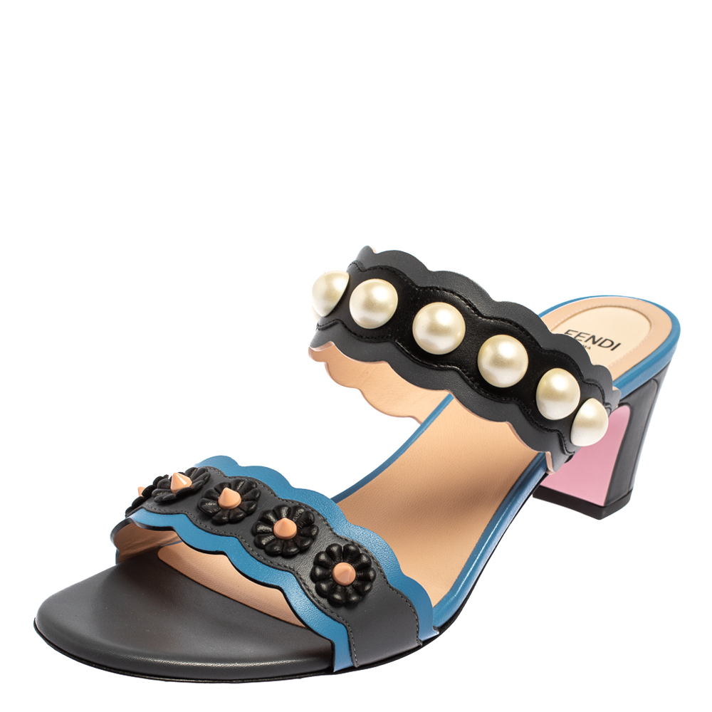 Fendi Multicolor Leather Faux Pearl Embellished Slide Sandals Size 40