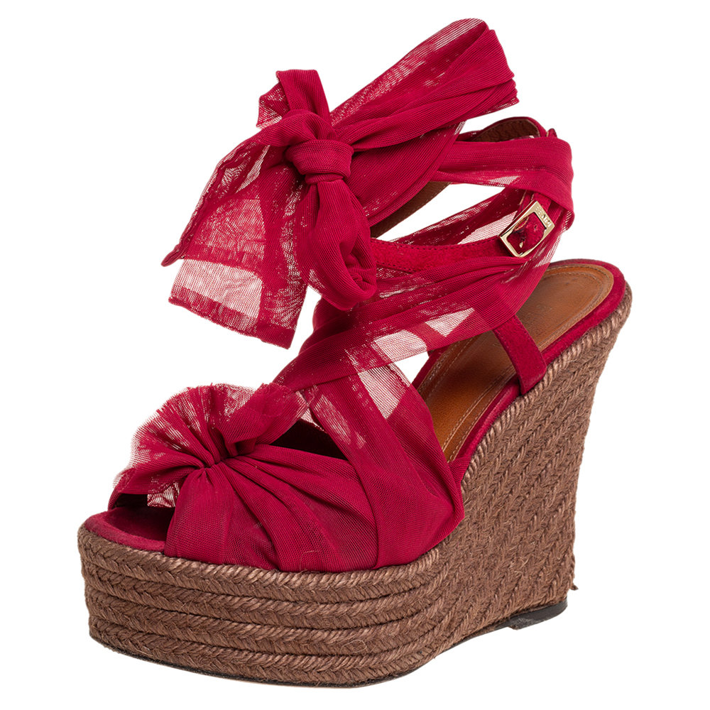 Fendi Burgundy Tulle Wedge Ankle Wrap Platform Espadrille Sandals Size 38