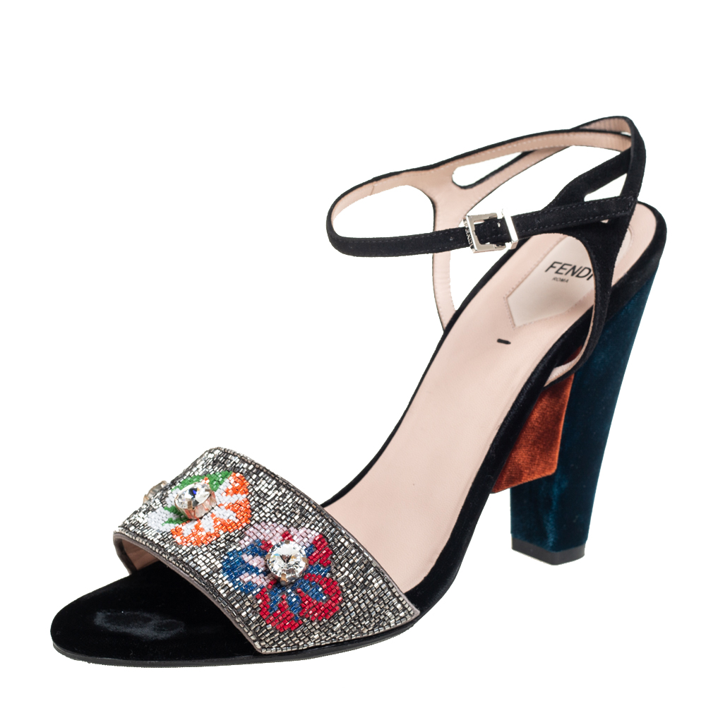 Fendi Multicolor Velvet And Satin Embroidered Ankle Strap Sandals Size 41