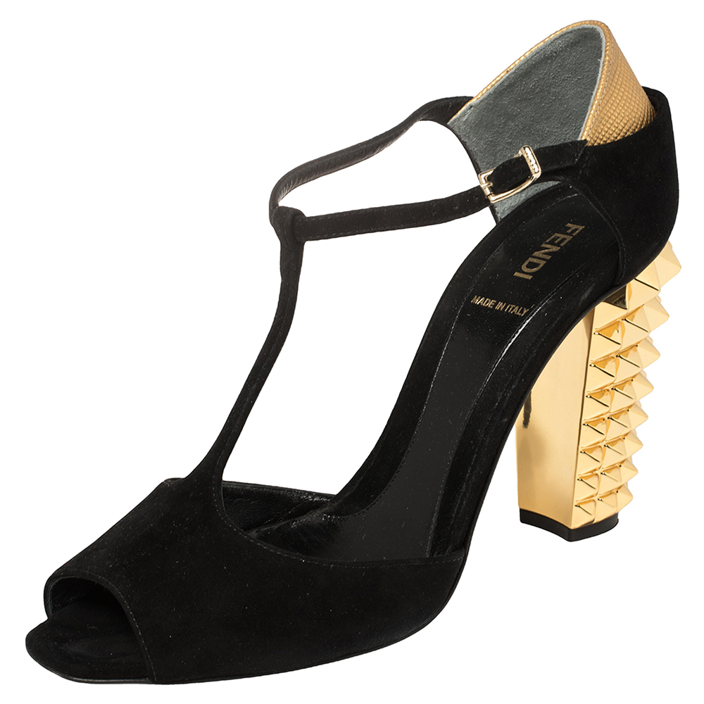 Fendi Black Suede Studded Heel T Strap Sandals Size 39