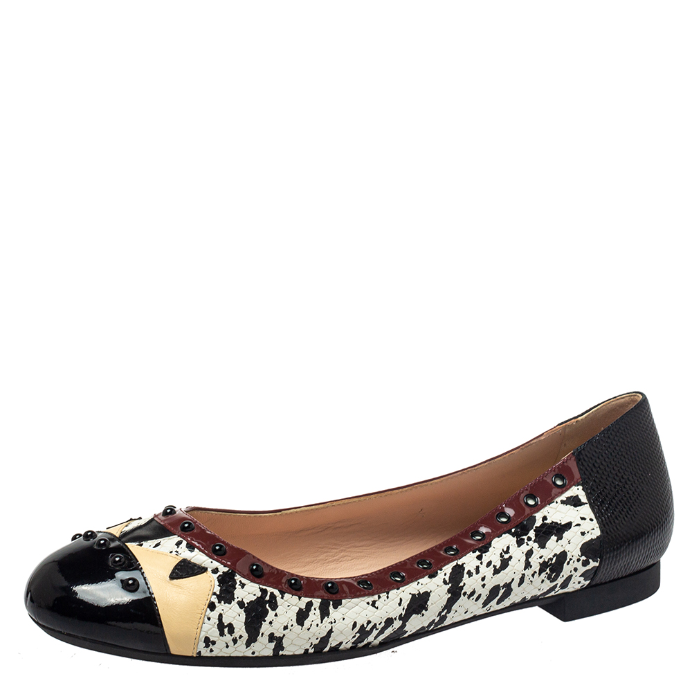Fendi Multicolor Python/Lizard Embossed Leather And Patent Leather Trim Cap Toe Monster Ballet Flats Size 41