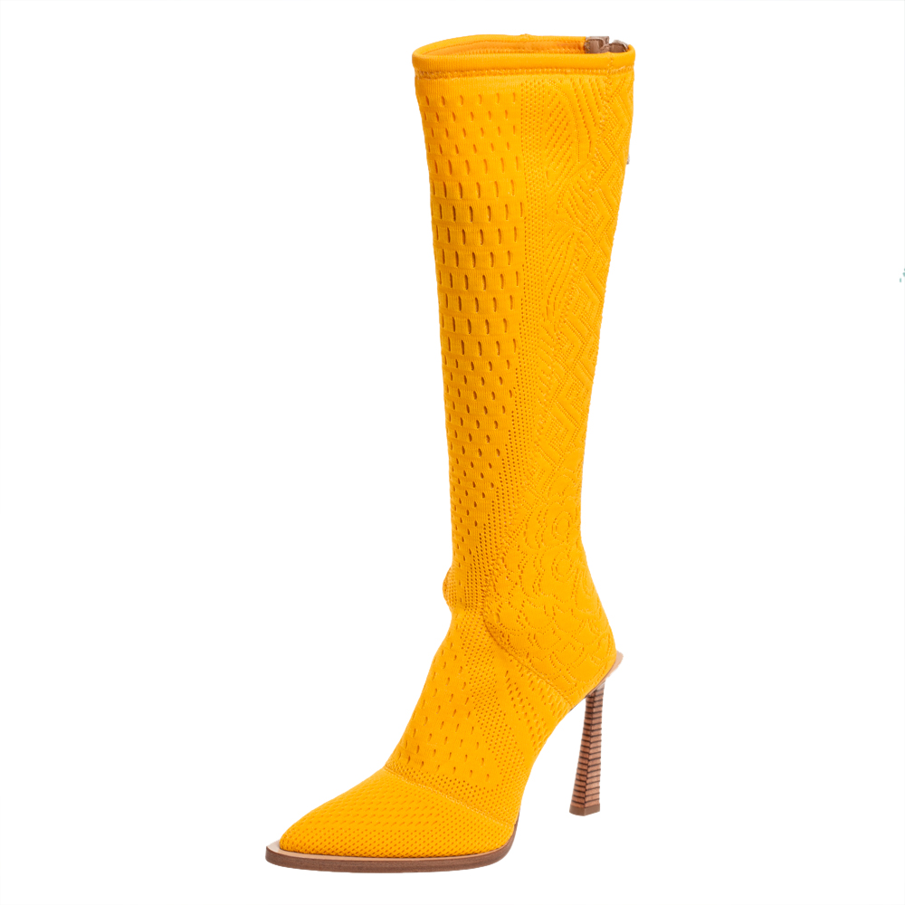 Fendi Yellow Jacquard And Leather FFrame Pointed Toe Knee Length Boots Size 39