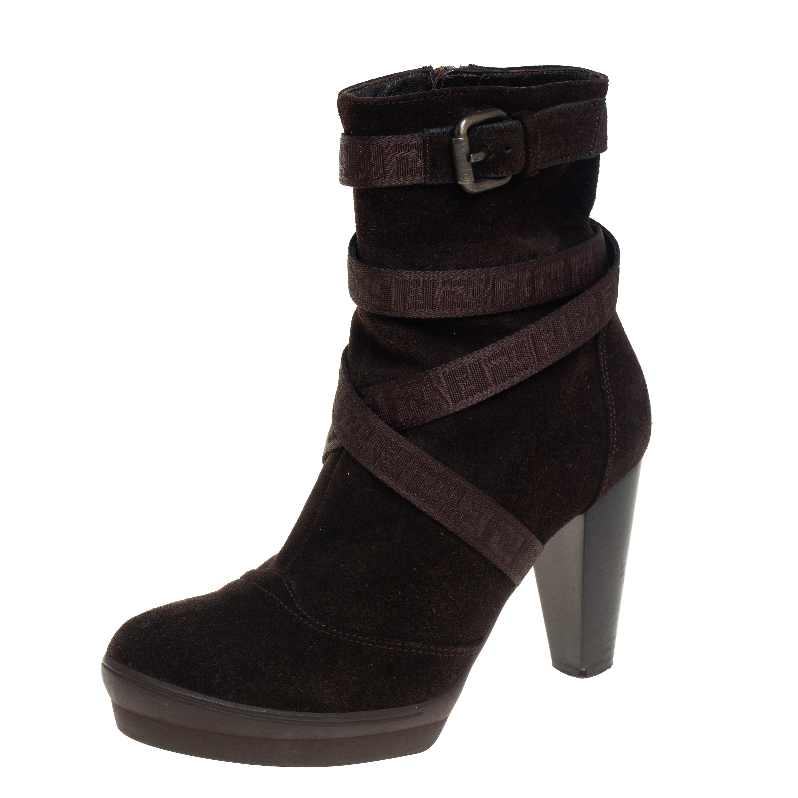 Fendi Brown Suede Strap Detail Platform Ankle Boots Size 37.5